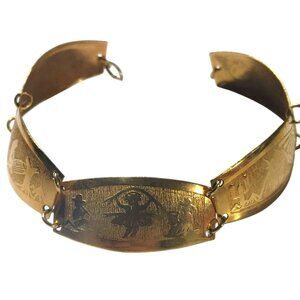Vintage Peruvian Gold Toned Bracelet Storytelling Engravings Hook Closure